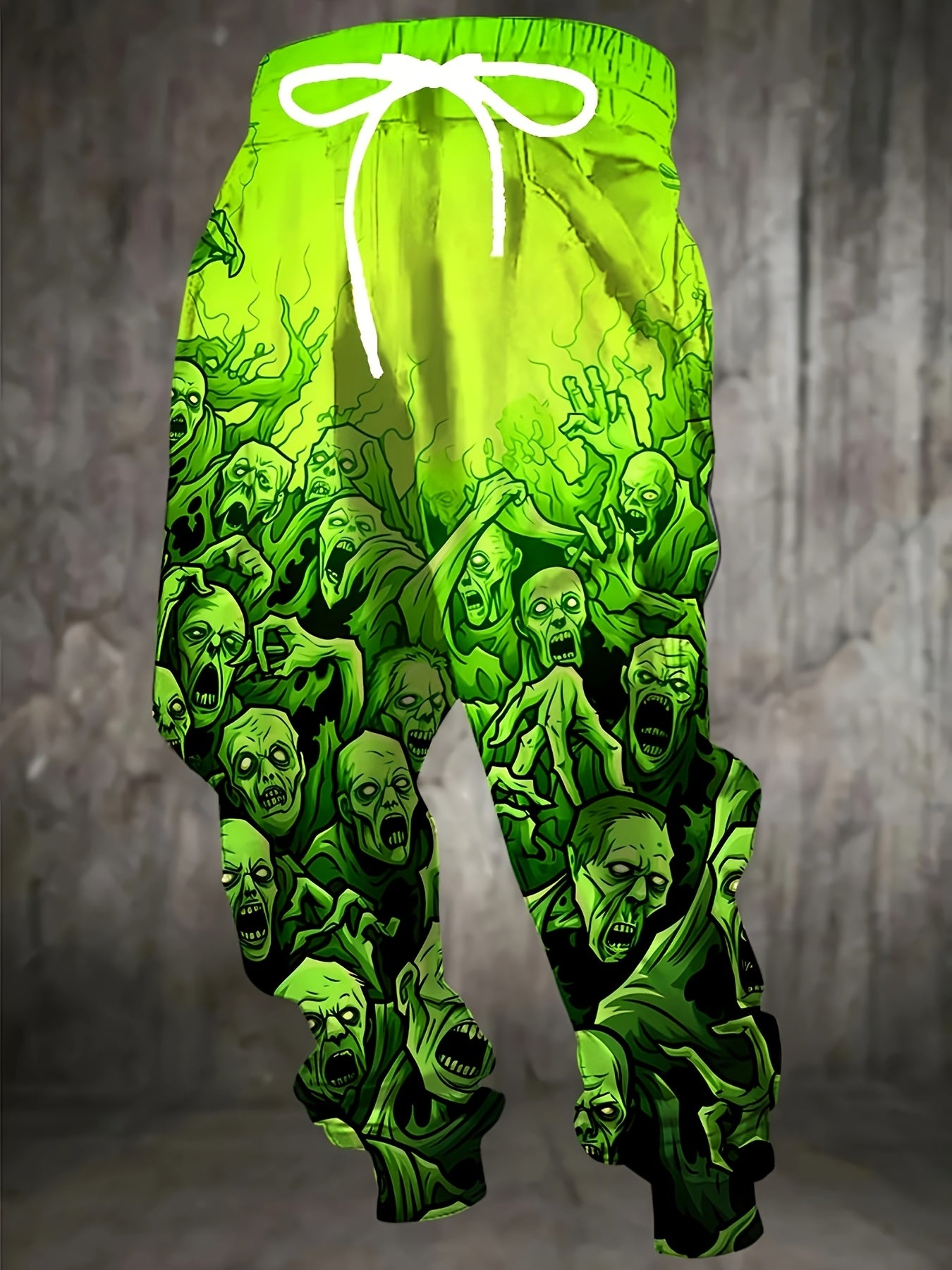 Men's 3D Zombie Horde Print Joggers - Neon Green Casual Pants with Drawstring Waist & Pockets, Full-Body Graphic Design, Regular Fit for Lounge, Gym, or Streetwear - Machine Washable, Jogging Pants, Adjustable Comfort Fit