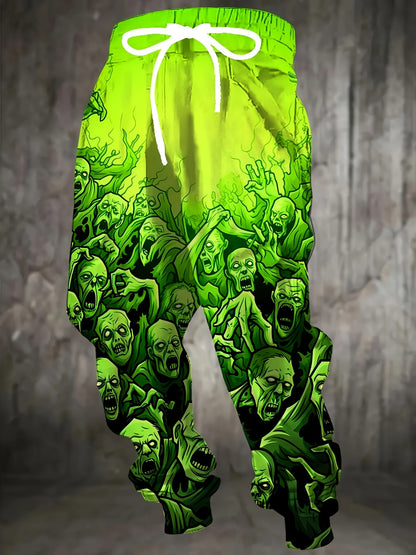 Men's 3D Zombie Horde Print Joggers - Neon Green Casual Pants with Drawstring Waist & Pockets, Full-Body Graphic Design, Regular Fit for Lounge, Gym, or Streetwear - Machine Washable, Jogging Pants, Adjustable Comfort Fit