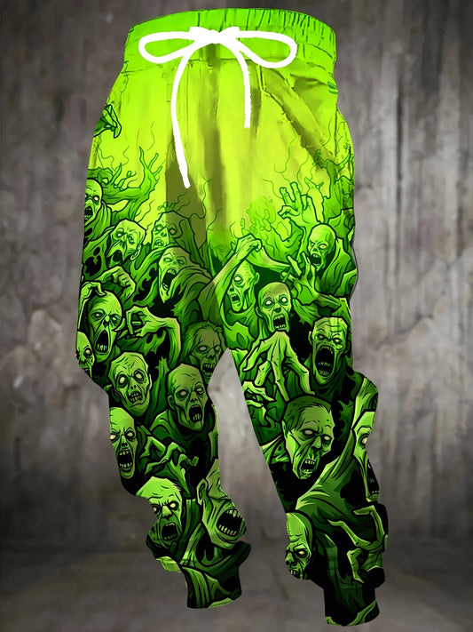 Men's 3D Zombie Horde Print Joggers - Neon Green Casual Pants with Drawstring Waist & Pockets, Full-Body Graphic Design, Regular Fit for Lounge, Gym, or Streetwear - Machine Washable, Jogging Pants, Adjustable Comfort Fit