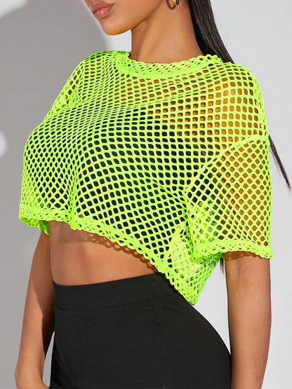 Sexy Neon Green Cropped Fishnet Bikini Top - Vintage-Inspired Short Sleeve Tee with Hollow Details, Sheer Mesh Design for Summer Casual Wear, Beachwear Apparel | Vintage Style Top | Feminine Appare
