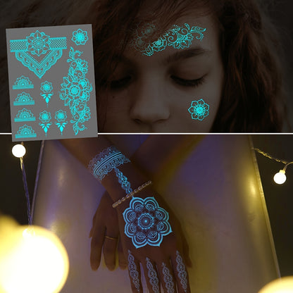 6 Sheets Glow-in-the-Dark Blue Luminous Tattoo Stickers - Tribal White Lace Lotus Mandala Flower Designs, Waterproof Fake Jewelry Pendant Pattern, Perfect for Wedding, Music Festival, Party Supplies and Daily Wear - Easy to A