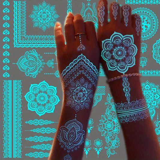 6 Sheets Glow-in-the-Dark Blue Luminous Tattoo Stickers - Tribal White Lace Lotus Mandala Flower Designs, Waterproof Fake Jewelry Pendant Pattern, Perfect for Wedding, Music Festival, Party Supplies and Daily Wear - Easy to A