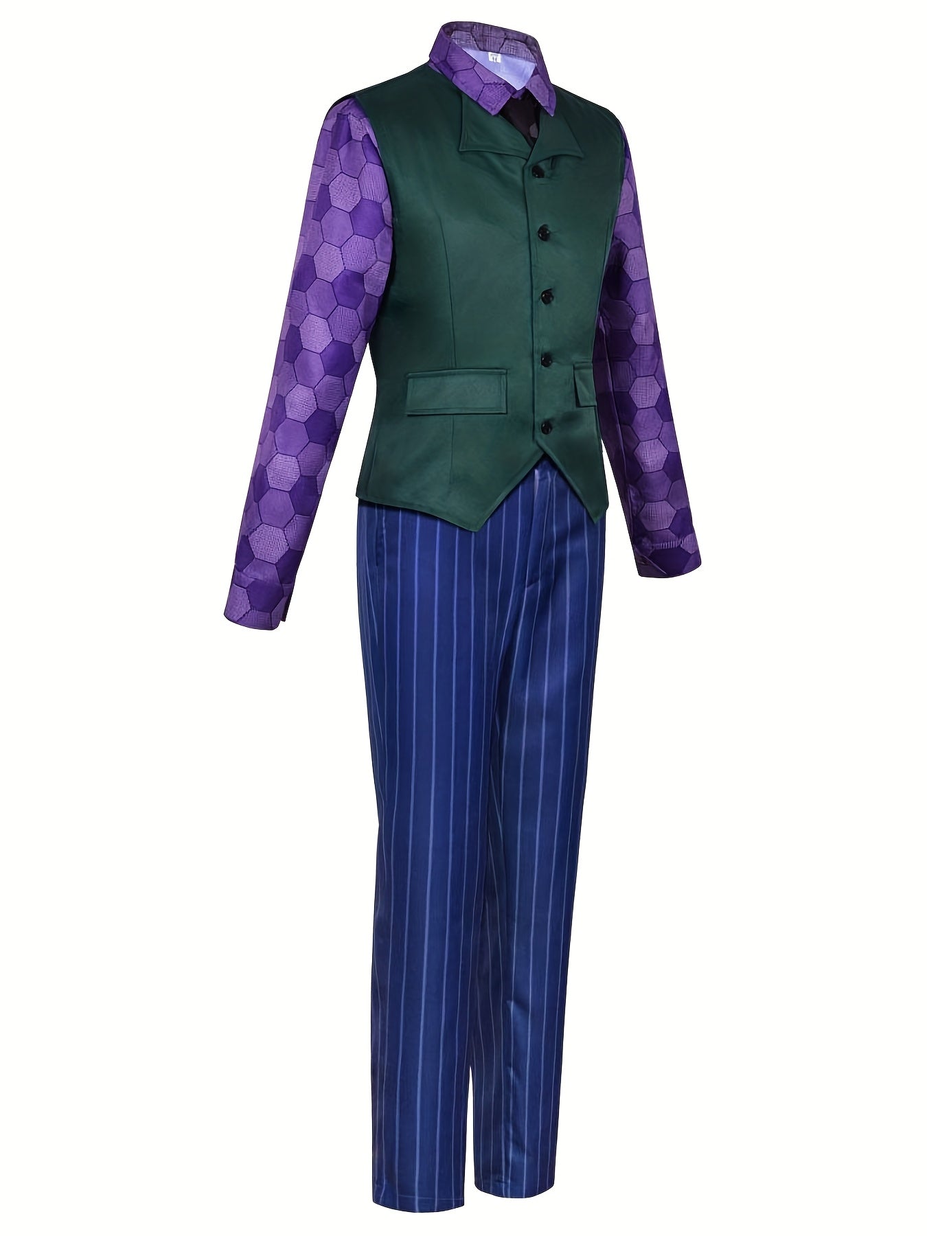 Halloween Men'S Fashion Purple Clown Six-Piece Set, Complete with Meticulously Crafted Scary Party Clown Outfit Including Long Coat, Shirt, Vest, Trousers, Tie, And Gloves.