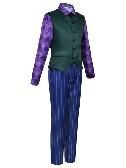 Halloween Men'S Fashion Purple Clown Six-Piece Set, Complete with Meticulously Crafted Scary Party Clown Outfit Including Long Coat, Shirt, Vest, Trousers, Tie, And Gloves.