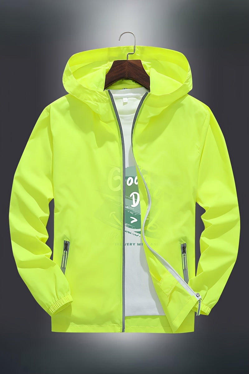 Men's Zip-Up Hooded Jacket - Breathable Reflective Outerwear for Gym, Cycling, Hiking & Beach Use - Lightweight Spring/Summer/Autumn Outdoor Wear with Zippered Storage Design. High-Quality Unisex Hoodie Perfect for Water Spor
