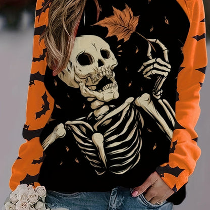 Plus Size Gothic Skeleton Print Sweatshirt - Casual Crew Neck Pullover with Slight Stretch, 100% Polyester Knit Fabric for Spring/Fall, Halloween Pattern Design Women's Top