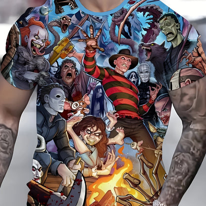 [Horror-Themed 3D Print Tee] Men's Casual Short Sleeve T-Shirt with Vibrant Horror-Themed 3D Digital Print - Freddy Krueger, Jason & Michael Myers Graphic Design - 100% Polyester, Machine Washable, Regular Fit Summer Tee, Com