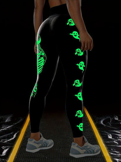 Women'S High-Waisted Stretchy Fitness Leggings with Glow-in-the-Dark Skull Print - Black, Elastic Waistband, Long Length for Running, Yoga & Halloween Party Wear, Yoga Pants, Halloween Leggings, Bold Graphic Pants, Highelasti