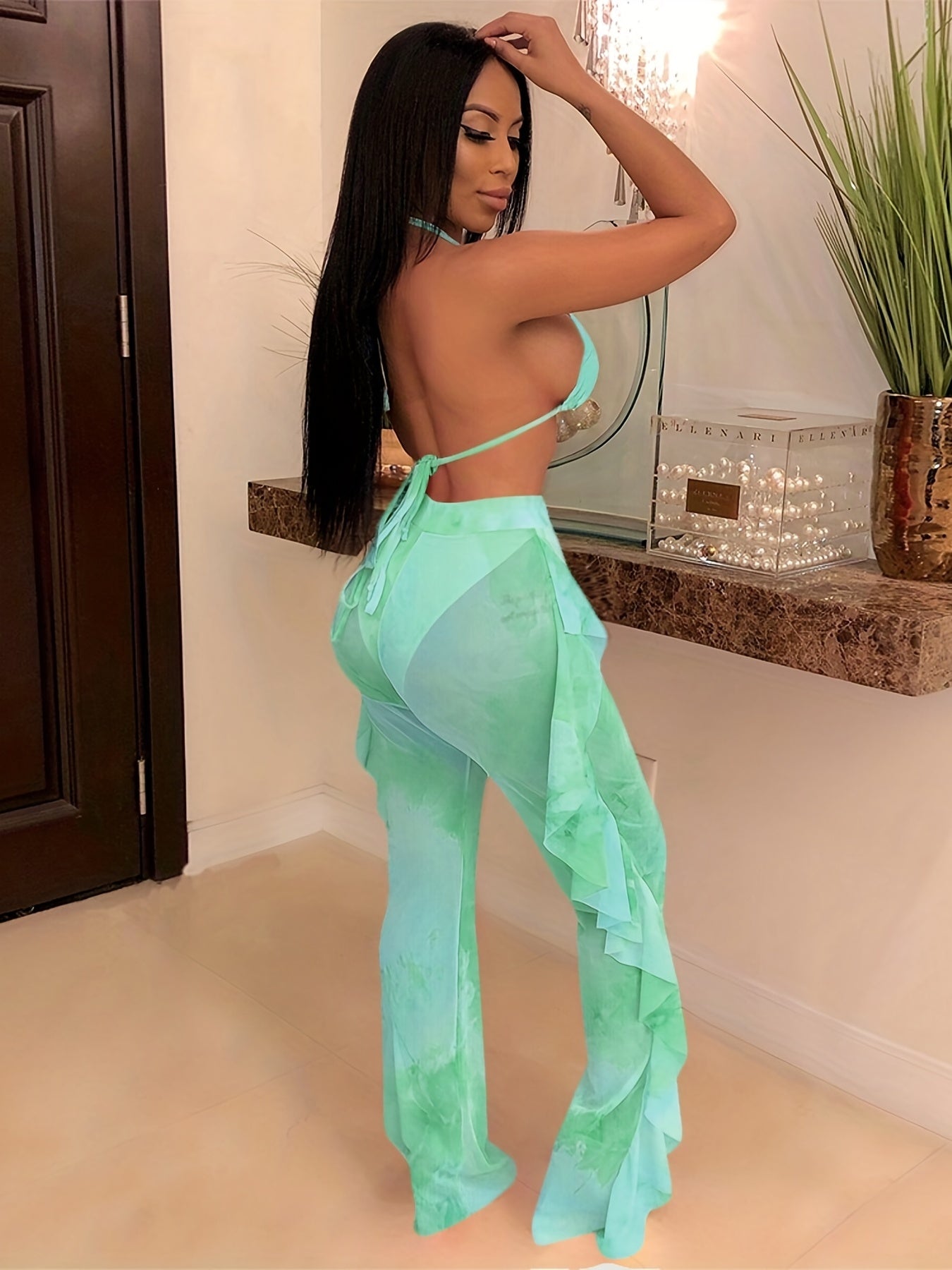 Sexy Tie Dye Matching Two-piece Set, Crop Halter Top & Fringe Hem Pants Outfits, Women's Clothing