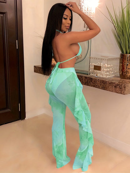 Sexy Tie Dye Matching Two-piece Set, Crop Halter Top & Fringe Hem Pants Outfits, Women's Clothing