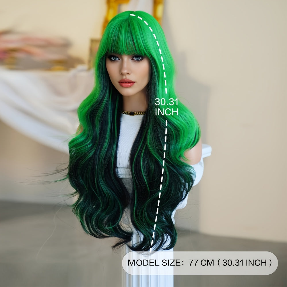 [Halloween Dress Up Wigs] Long Loose Curly Ombre Green Wigs with Bangs | High Density Fluffy Highlight Black Halloween Dress Up Wigs for Women - 30 Inches, Cosplay Accessory, Party Wig, Bangs Wig, Ombre Hairstyle, Durable, Li