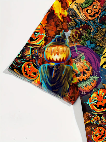 Plus Size Men's Casual Halloween Zombie Pumpkin Print Hawaiian Shirt