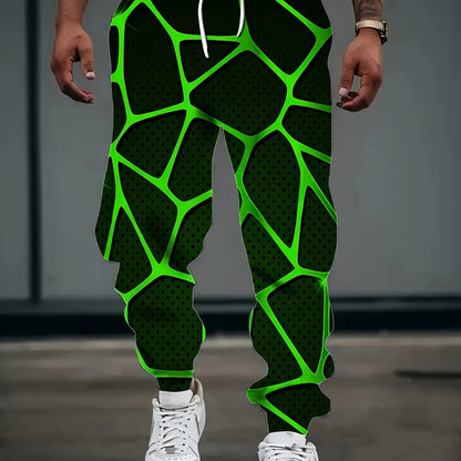 Men'S 3D Geometric Abstract Print Joggers with Drawstring Waist & Pockets - Vibrant Neon Green & Black Design, Comfortable Casual Sweatpants for Home & Leisure, Jogging Pants, Leisure Wear, Modern Streetwear, Durable Fabric
