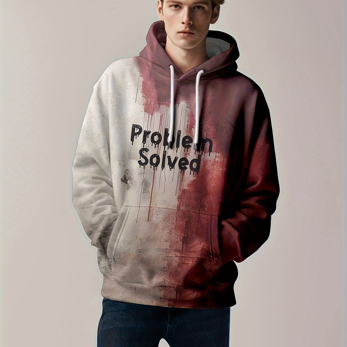 Men'S 3D Halloween Print Hoodie - "Problem Solved" Graphic, Red & Gray, Casual Streetwear with Drawstring Hood, Perfect Gift for Relatives, Siblings, or Friends, Halloween Clothes
