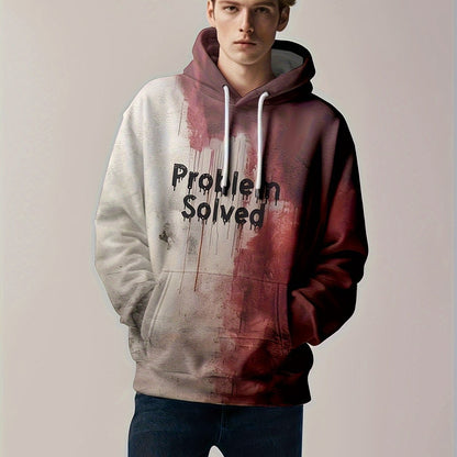 Men'S 3D Halloween Print Hoodie - "Problem Solved" Graphic, Red & Gray, Casual Streetwear with Drawstring Hood, Perfect Gift for Relatives, Siblings, or Friends, Halloween Clothes