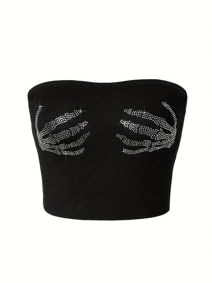 [1pc Sexy Crop Top] Sexy Strapless 1pc Women's Rhinestone Skeleton Hand Print Crop Top | Knitted Tube Shirt, All-Season Wear