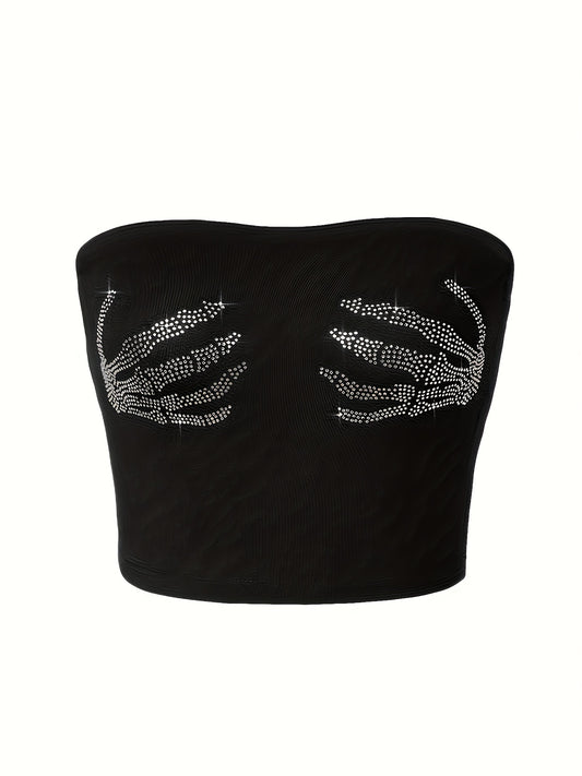 [1pc Sexy Crop Top] Sexy Strapless 1pc Women's Rhinestone Skeleton Hand Print Crop Top | Knitted Tube Shirt, All-Season Wear