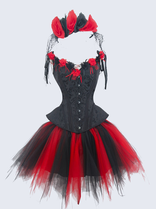 [Gothic Corset Set] Gothic Black Lace Corset and Tutu Skirt Set | Floral Mesh Headband, Mexican Day of the Dead Halloween Blood Rose Cosplay Outfit