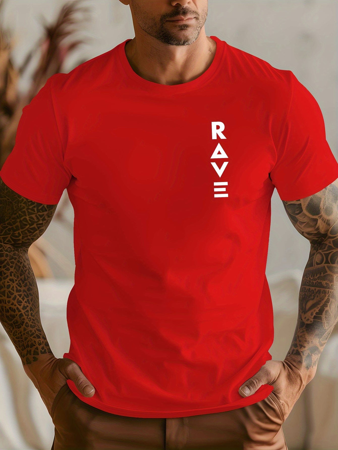 R V Men's Short Sleeve T-Shirt - Vibrant Yellow with Bold RAVE Graphic Print, Breathable Round Neck Casual Top for Summer Beach Resorts & Outdoor Activities