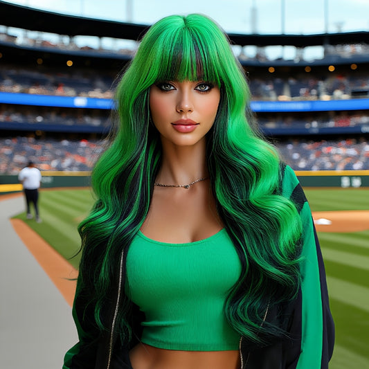 [Halloween Dress Up Wigs] Long Loose Curly Ombre Green Wigs with Bangs | High Density Fluffy Highlight Black Halloween Dress Up Wigs for Women - 30 Inches, Cosplay Accessory, Party Wig, Bangs Wig, Ombre Hairstyle, Durable, Li