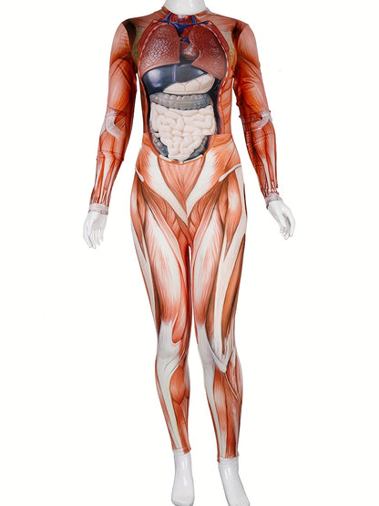Women'S Halloween Skeleton Costume - Stretchy Bodycon Jumpsuit with Stand Collar, Long Sleeves & High-Low Hem, Form-Fitting Stretchy Fabric for Halloween Parties, Carnivals & Themed Events, Halloween Costumes, Carnival Attire