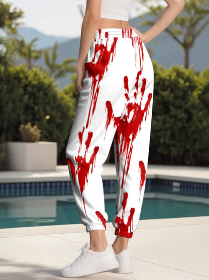 Women's High-Waisted Halloween Blood Splatter Pants - Stretchy Drawstring Waist, Non-See-Through Fabric for Halloween Party Outfits, Everyday Casual Wear - Machine Washable Pants (White with Red Splatter Design), Halloween Cl
