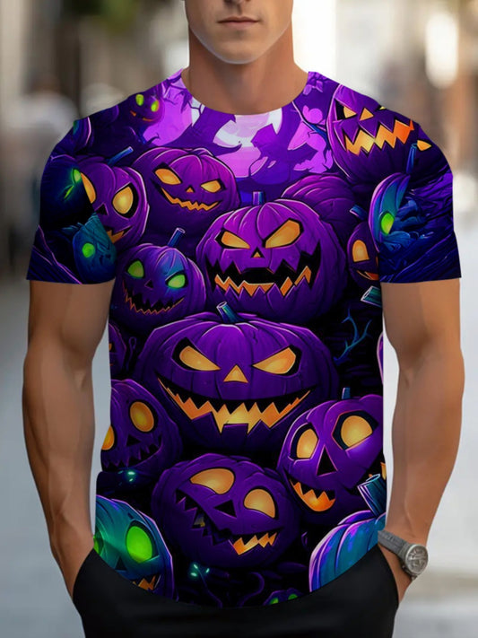 Men'S Halloween T-Shirt - Purple Pumpkin Graphic Tee with Jack-O'-Lanterns, Lightweight Breathable Fabric for Costume Parties, Halloween Bars, Clubs - Spooky Party Outfit Casual Attire - Easy-Care Round Neck Shirt, Halloween