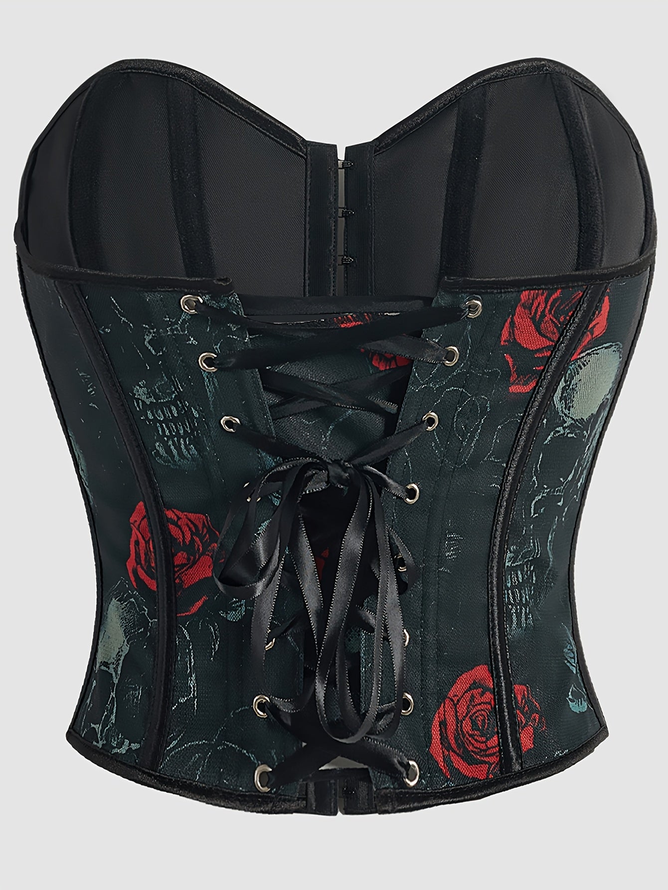 [Statement Fashion] Elegant Skull Print Lace-Up Corset Top for Women - Gothic Style, High Support, Tummy Control, Black with Red Roses & Skull Design, No-Pad Bustier, Hand Wash Only