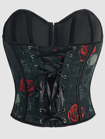[Statement Fashion] Elegant Skull Print Lace-Up Corset Top for Women - Gothic Style, High Support, Tummy Control, Black with Red Roses & Skull Design, No-Pad Bustier, Hand Wash Only