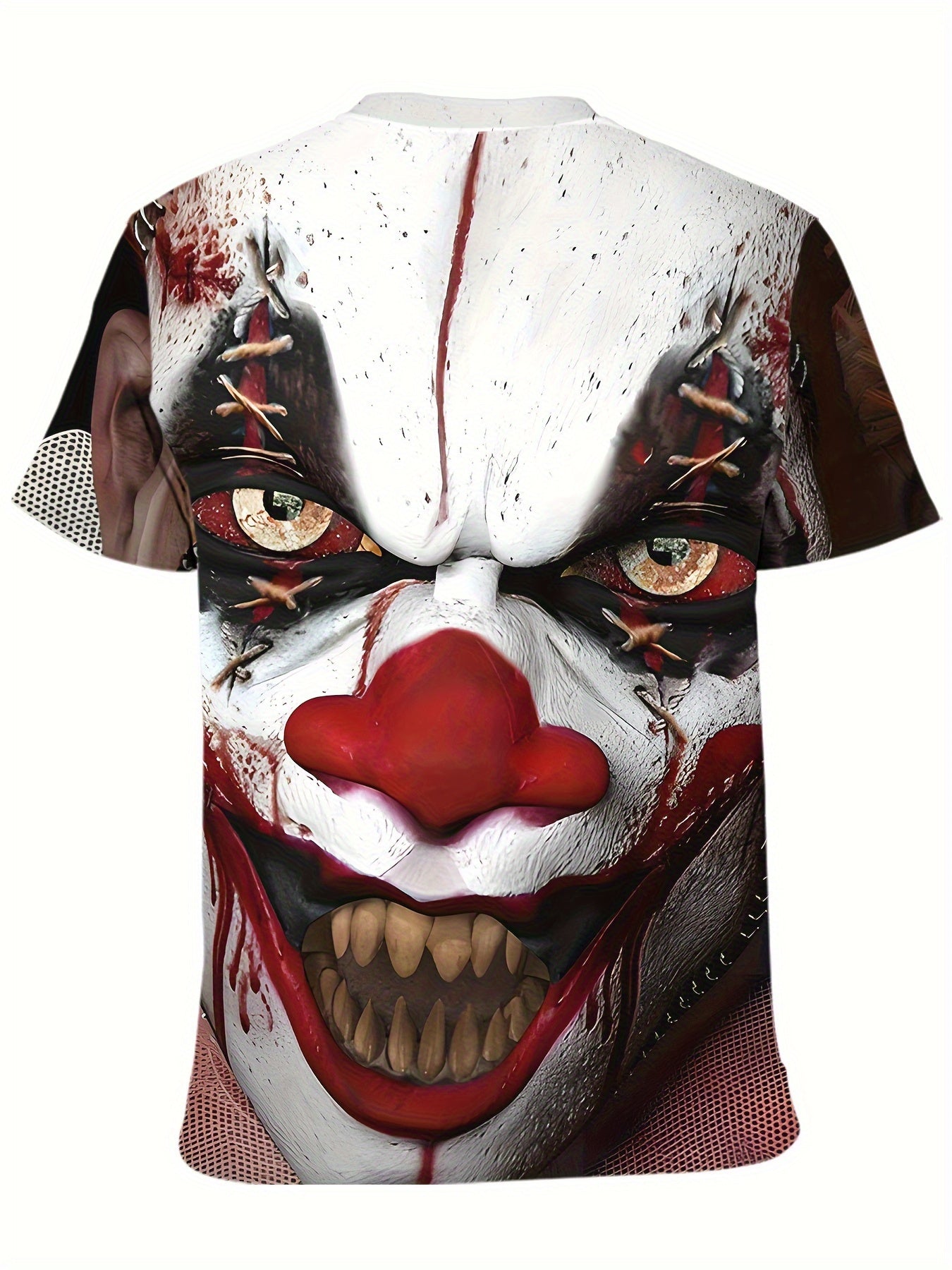 1pc Men's Pennywise Clown Costume T-Shirt - Pennywise Face & IT Movie-Inspired 3D Graphic Tee, Soft Stretchy Knit Fabric, Round Neck Short Sleeve Shirt for Horror Fans, Carnival Parties & Cosplay Events (Machine Washable) - C