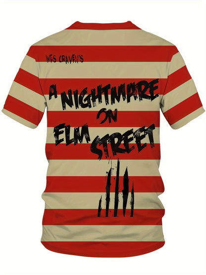 Men's Oversized 3D 'Nightmare on Elm Street' Graphic T-Shirt - Bold Red & White Stripes with Black Text, Stylish & Comfortable Polyester Blend, Summer Casual Tee for Outdoor Activities, BIG SIZE, PLUS SIZE