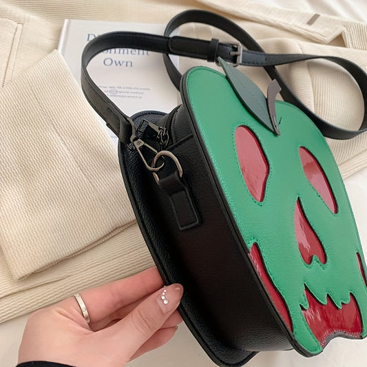 [Halloween] Women's Halloween Skeleton Apple Crossbody Bag - Adjustable Strap, Zipper Closure, Polyester Lining, Green & Red Contrast Design, Perfect For Halloween Accessories, Halloween Accessories Bag | Skeleton Apple Print