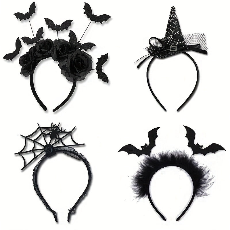[Funny Halloween Headbands] 4pcs Halloween Party Funny Headbands | Lace Spider Web, 3D Hats, Horns, Bat Decorated Haunted Night Prankster Spider Accessories