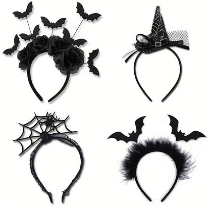 [Funny Halloween Headbands] 4pcs Halloween Party Funny Headbands | Lace Spider Web, 3D Hats, Horns, Bat Decorated Haunted Night Prankster Spider Accessories