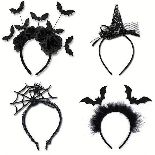 [Funny Halloween Headbands] 4pcs Halloween Party Funny Headbands | Lace Spider Web, 3D Hats, Horns, Bat Decorated Haunted Night Prankster Spider Accessories