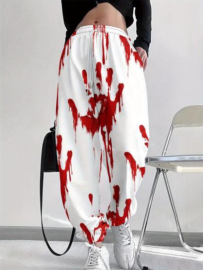 Women's High-Waisted Halloween Blood Splatter Pants - Stretchy Drawstring Waist, Non-See-Through Fabric for Halloween Party Outfits, Everyday Casual Wear - Machine Washable Pants (White with Red Splatter Design), Halloween Cl