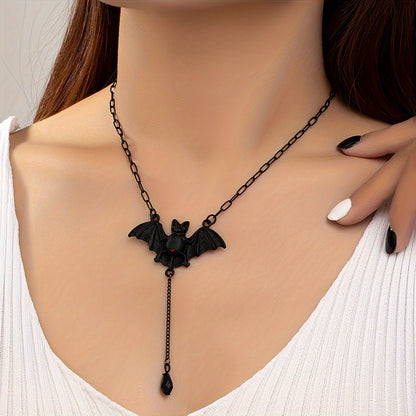 1pc Gothic Halloween Bat Necklace for Women - Black Bat Pendant with Red Eyes & Teardrop Bead Chain, Edgy Party Jewelry for Costume Events, Year-Round Versatile Gothic Accessory