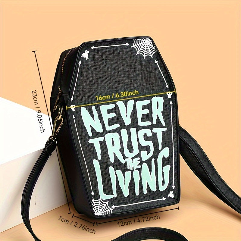 1pc Halloween Coffin-Shaped Fashion Shoulder Bag for Women, Sexy Gothic Faux Leather Crossbody Purse with "Never Trust The Living" Print, Zip Closure, Polyester Lining, and Edge Detailing