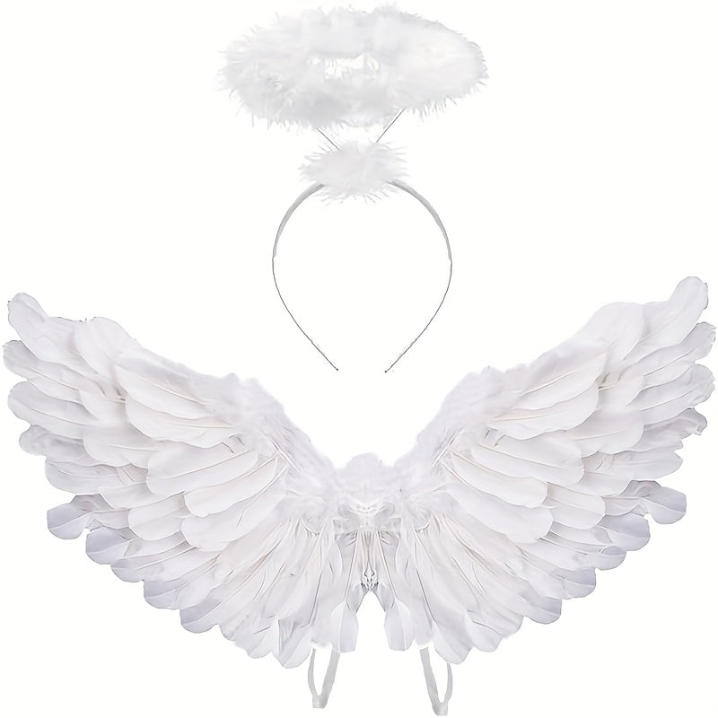 Angel Wings with Halo Costume - Black & White Halloween, Christmas, And Party Costume Accessory for Costume Parties, Halloween Costumes, Festive Attire, Elegant Design, Intricate Detailing for Halloween, Christmas Event & Par