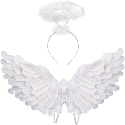 Angel Wings with Halo Costume - Black & White Halloween, Christmas, And Party Costume Accessory for Costume Parties, Halloween Costumes, Festive Attire, Elegant Design, Intricate Detailing for Halloween, Christmas Event & Par