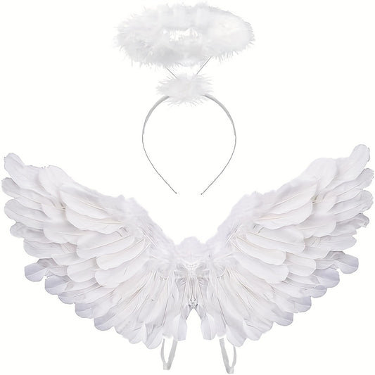 Angel Wings with Halo Costume - Black & White Halloween, Christmas, And Party Costume Accessory for Costume Parties, Halloween Costumes, Festive Attire, Elegant Design, Intricate Detailing for Halloween, Christmas Event & Par