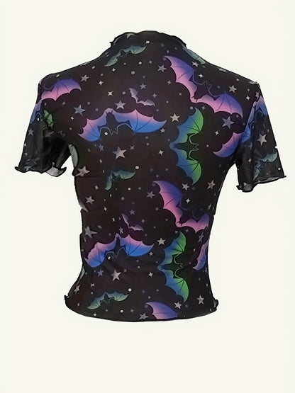 Stylish Bat Print T-Shirt Women's Short Sleeve Round Neck Blouse Spring/Summer New Versatile Women's Tee Sheer Mesh Crop Top No Underwear Included