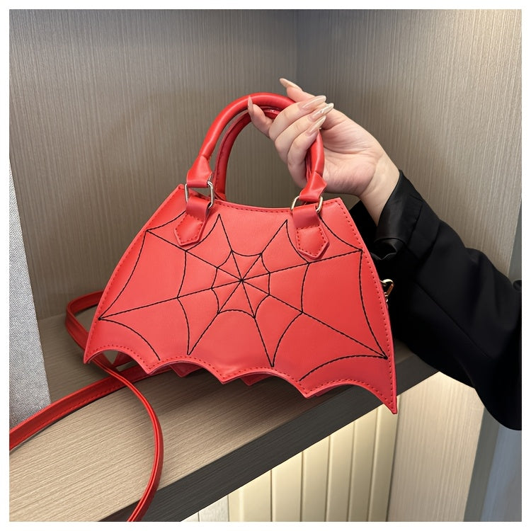 Halloween Women'S Bat Wing Spider Web Handbag - Lightweight Synthetic Faux Leather Tote with Geometric Spider Web Design, Zipper Closure & Detachable Strap, Gothic Style for Daily Use or Party Outfits, Durable Polyester Linin