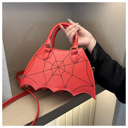Halloween Women'S Bat Wing Spider Web Handbag - Lightweight Synthetic Faux Leather Tote with Geometric Spider Web Design, Zipper Closure & Detachable Strap, Gothic Style for Daily Use or Party Outfits, Durable Polyester Linin