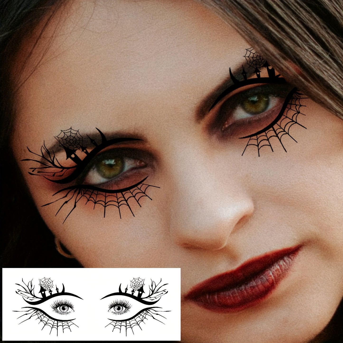 10-Pack Halloween Eye Tattoo Stickers, Skull Pumpkin Cat Bat Spider Web Designs, Festive Party Funny Face Makeup Temporary Tattoo Stickers, Oblong Shape