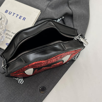 Vampire Lips Print Crossbody Bag - Gothic Style, Black with Red Lips & Fangs Design, Chain Strap, Zipper Closure, Perfect for Halloween & Daily Use, Halloween Accessory | Playful Accessory | Durable Zipper Closure, Halloween