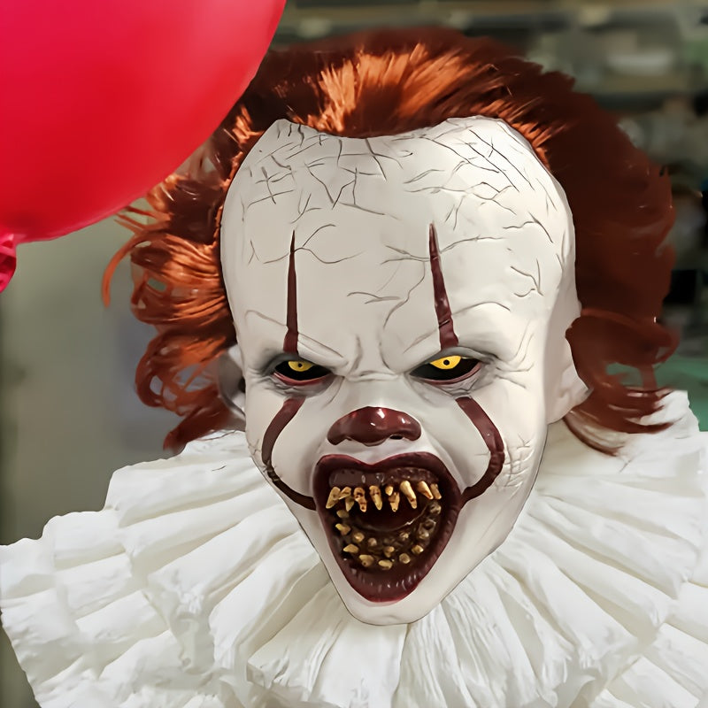 [Scary Clown Horror Mask] Realistic Menacing Halloween Clown Horror Mask | Light Beige, Red Hair, Sharp Teeth - Latex Full Face Mask for Halloween Pranks, Haunted Houses, Scary Performances - Adult Costume Makeup, Detailed Cr