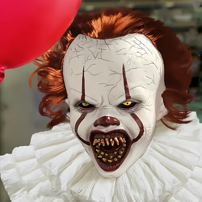 [Scary Clown Horror Mask] Realistic Menacing Halloween Clown Horror Mask | Light Beige, Red Hair, Sharp Teeth - Latex Full Face Mask for Halloween Pranks, Haunted Houses, Scary Performances - Adult Costume Makeup, Detailed Cr