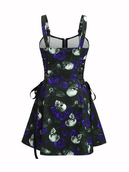 Women'S Gothic Rose Print Midi Dress with Back Zipper and Corset Detail - Casual Sleeveless A-Line Skirt, Black with White Floral Pattern, Elegant Halloween Attire