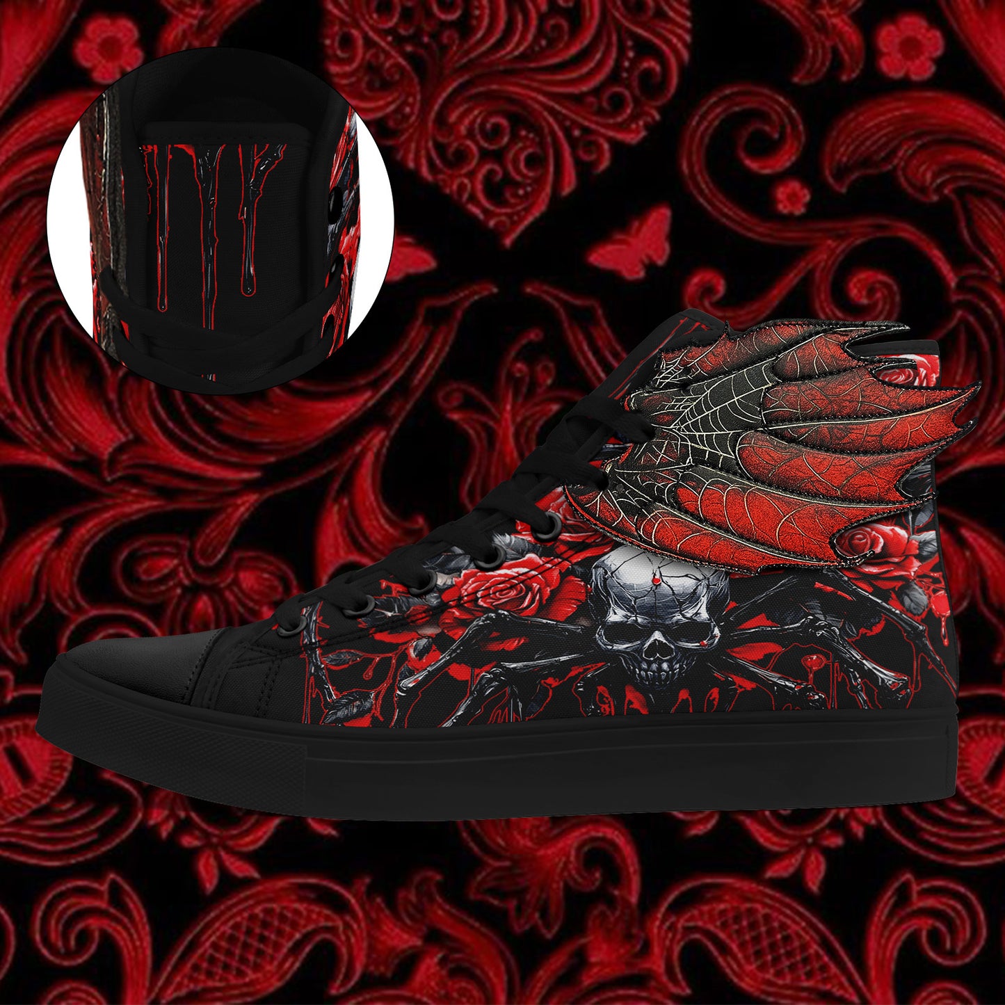 [Gothic Punk Sneakers] Gothic Punk Sneakers for Men - High-Top Shoes with 3D Red Flame Skull & Wing Design | Lace-Up Closure for Halloween, Gothic Parties, Everyday Streetwear | All-Season Comfortable, Casual Sport, Horror Ae